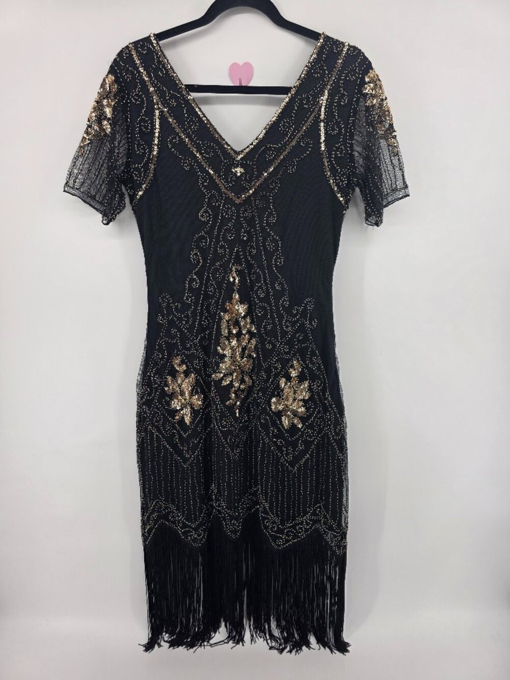 BABEYOND Black Gold Sequin Beaded Fringe Flapper Dress  Size M 1920s
